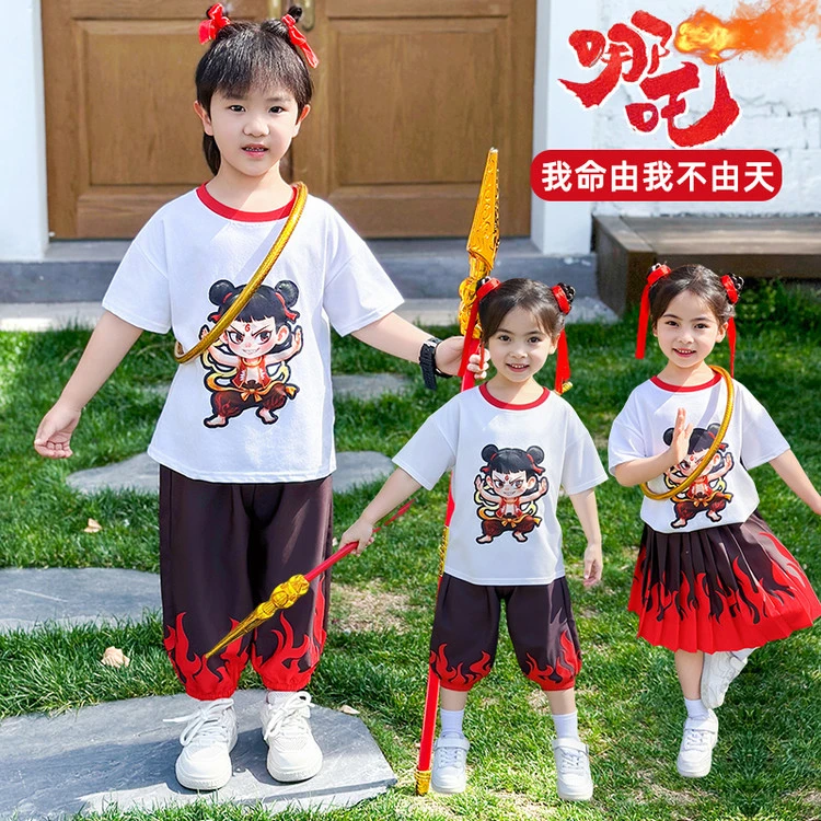 儿童夏季薄款哪吒短袖套装中小童男女宝夏装两件套