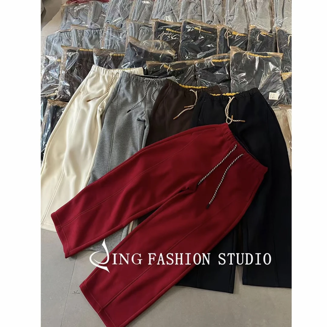 《好运来顶配裤》冬季新款258137抽绳高腰拼色直筒裤宽松百搭休闲