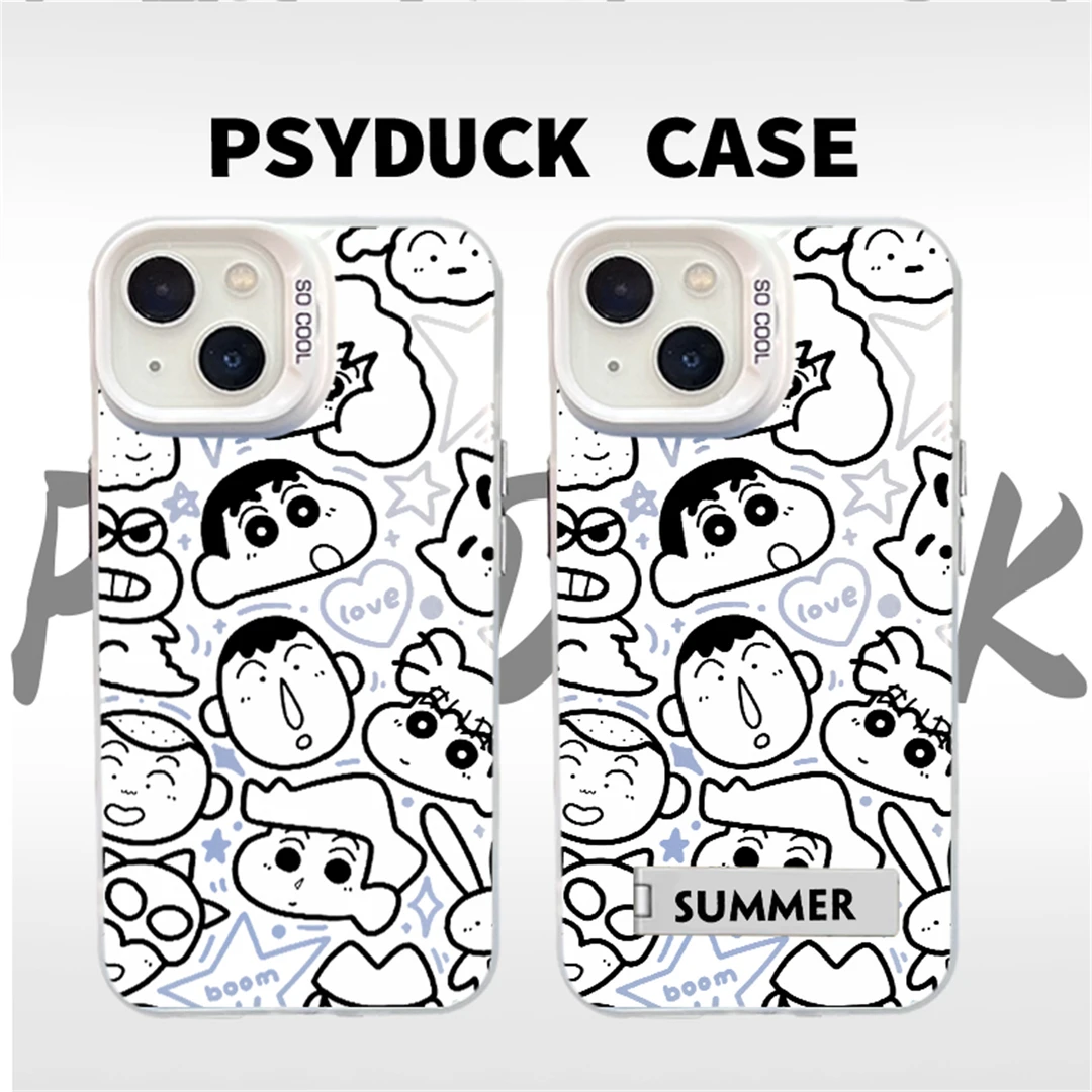 适用苹果华为一加小米黑白线稿小新彩银白底卡通动漫防摔手机壳