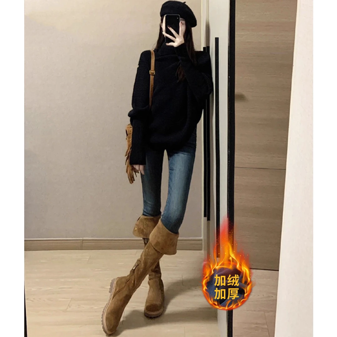 复古蓝高腰加绒小脚牛仔裤女2025秋冬新款紧身显瘦百搭弹力铅笔裤