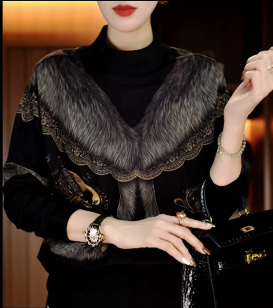 秋冬洋气贵妇印花保暖衣抗起球高端显瘦百搭减龄时尚上衣V24L196