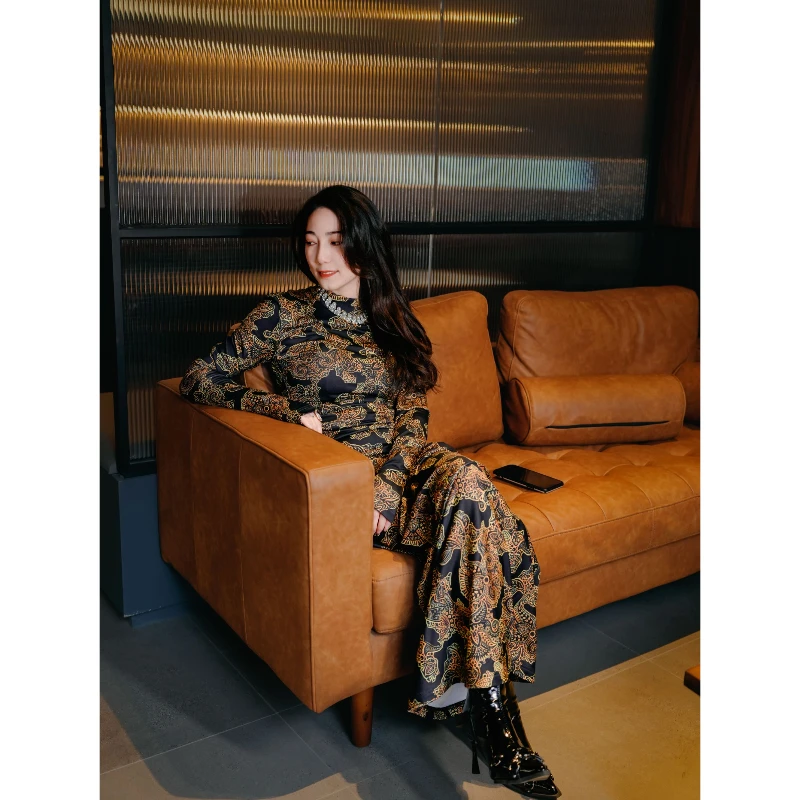 HZHJ原创设计师款 复古金纹 连衣裙 长袖显瘦高级洋气轻奢1538