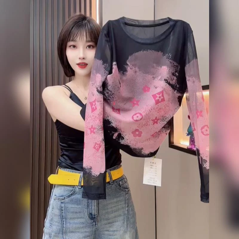 2025夏季新款女士法式独特扎染上衣时尚T恤设计感薄纱长袖防晒衫