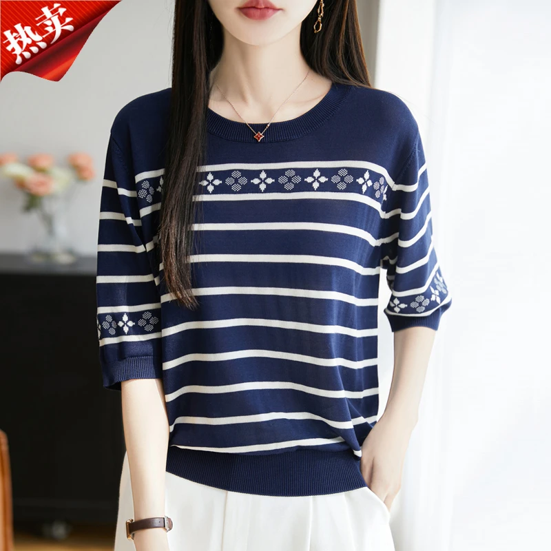 2025新款文艺风条纹中袖针织衫休闲圆领T恤百搭显瘦上衣夏