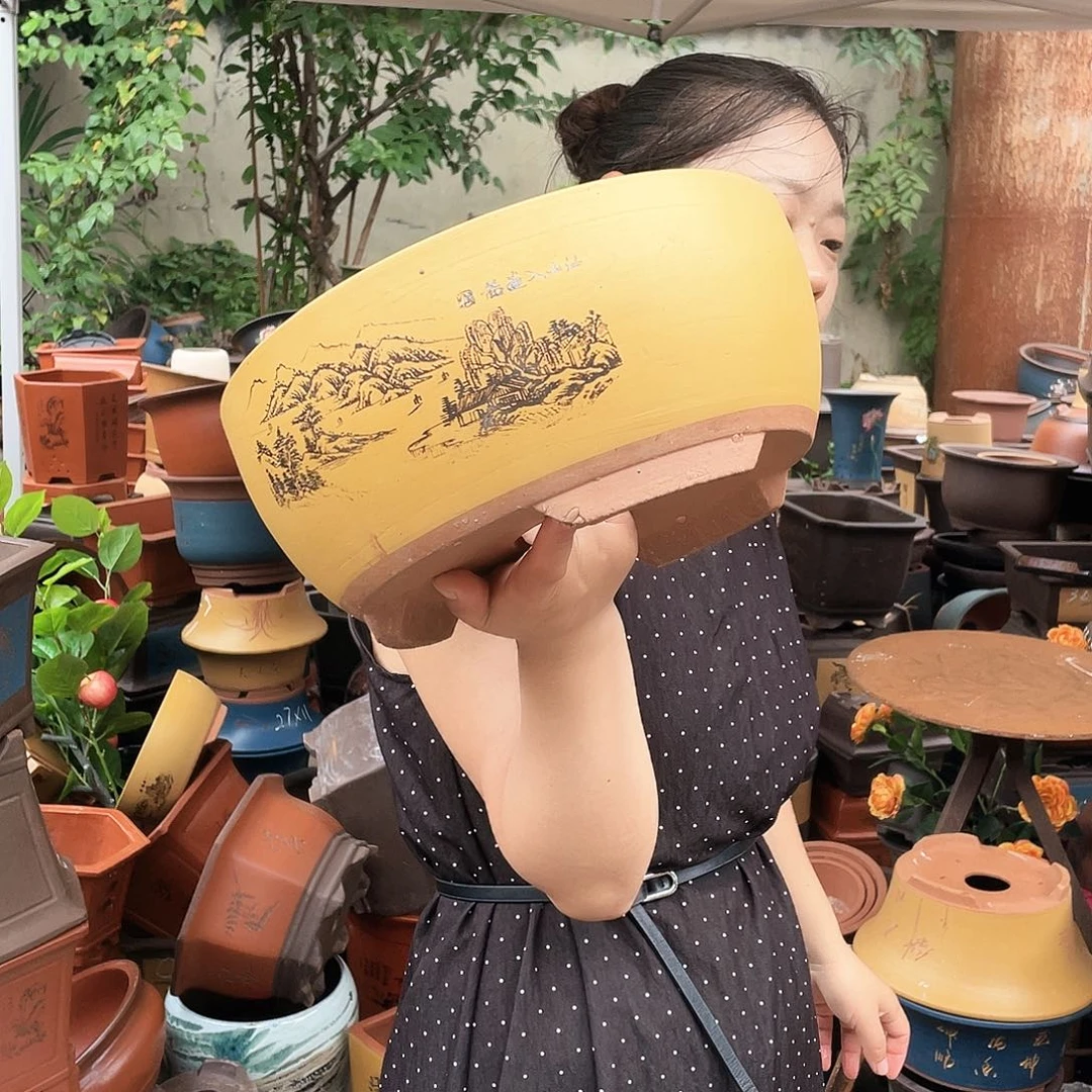 黄色江山如画中号花盆紫砂花盆