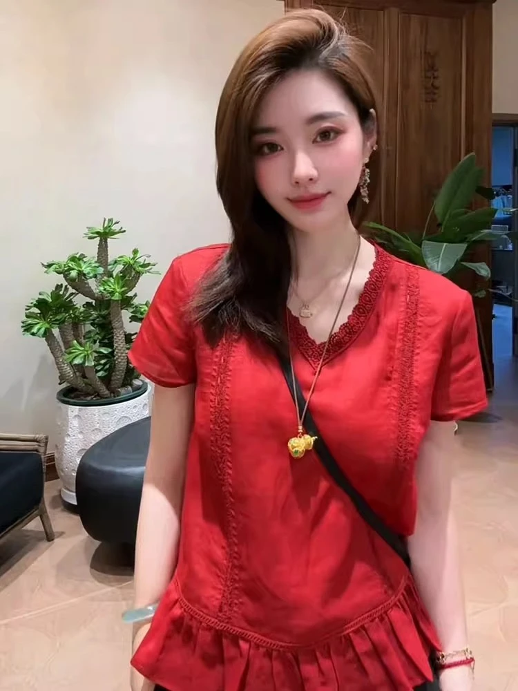 法式气质v领短袖女2025新款夏季轻奢高级感减龄洋气亚麻上衣红色