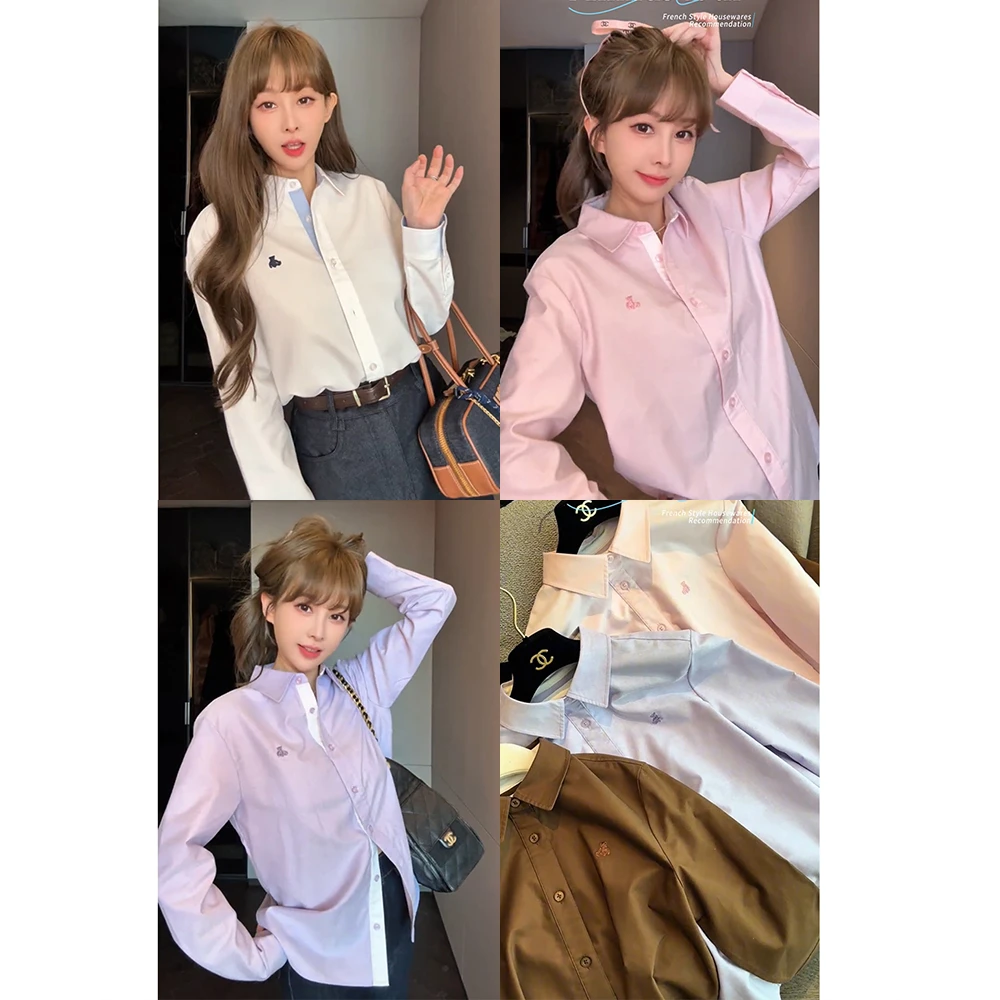 【mimius】喵喵 学院风撞色小刺绣减龄翻领长袖衬衫 G08099