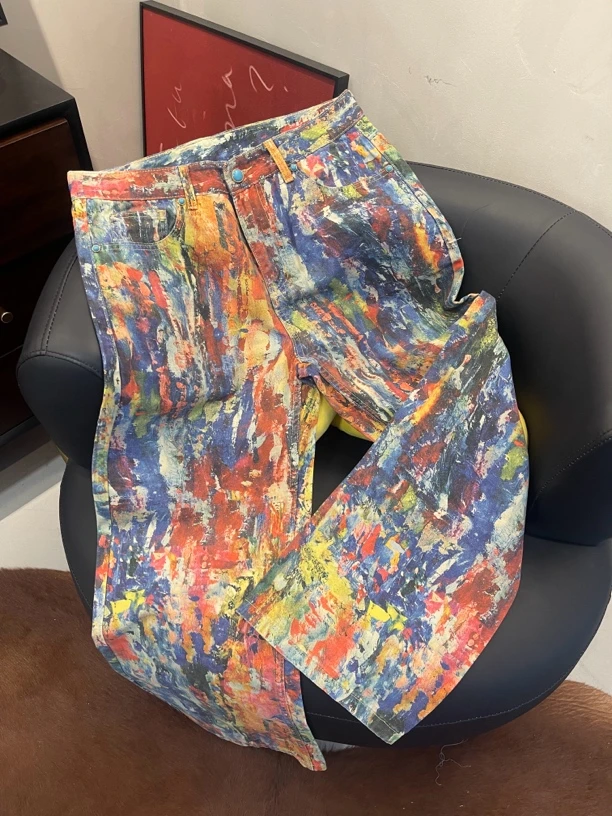 FR【调色盘】美式复古泼墨油画宽松休闲男女情侣休闲长裤牛仔裤