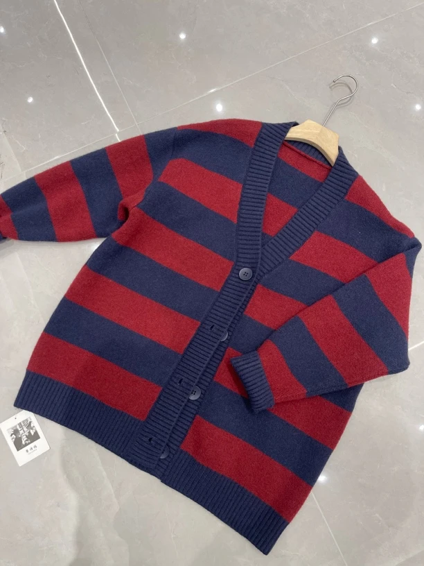 大版型加厚条纹中长款开衫毛衣