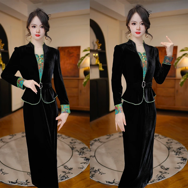 [玲珑雀绿]2025秋季新款收腰显瘦洋气减龄轻奢女人味黑色连衣裙