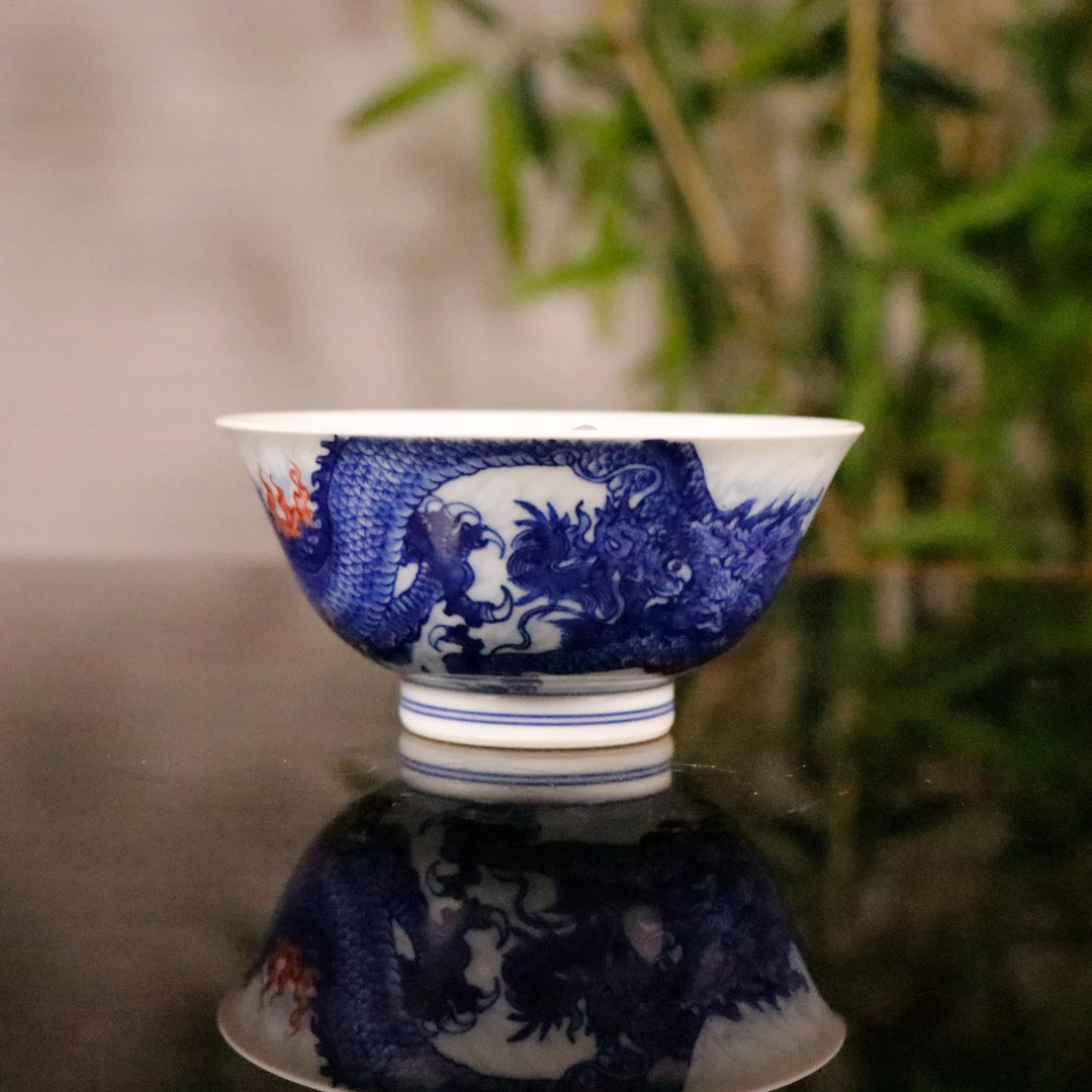 永明尚玩青花釉里红龙狮纳福撇口杯精工景德镇手工手绘茶器茶杯