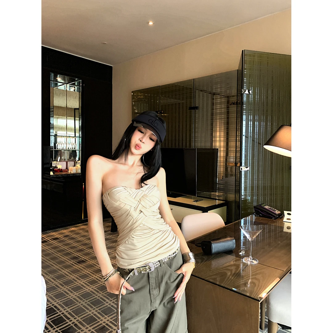 编织抹胸背心胸垫小众褶皱收腰修身显瘦短款上衣纯欲慵懒风女装