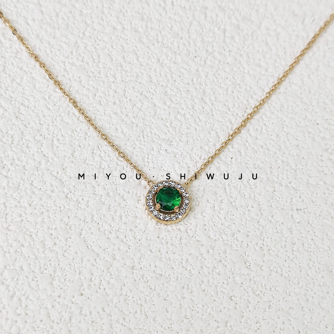 钛钢项链 【小绿豆】气质时尚百搭复古简约镶嵌绿色