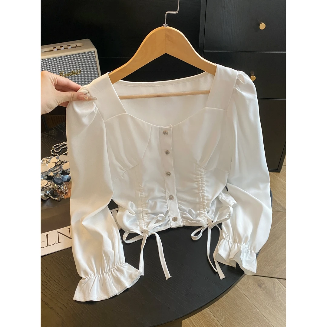 法式方领抽褶长袖衬衫女简约设计感小众时尚百搭修身显瘦外穿上衣