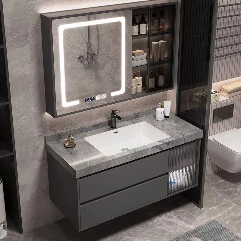 无缝岩板一体盆洗手盆卫生间洗漱台定制浴室镜柜全套洗脸盆柜组合