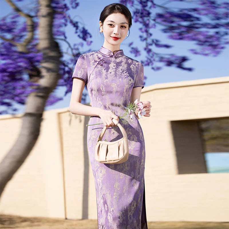 高端优雅紫色旗袍2025新款春夏女妈妈改良高级长款日常年轻款气质