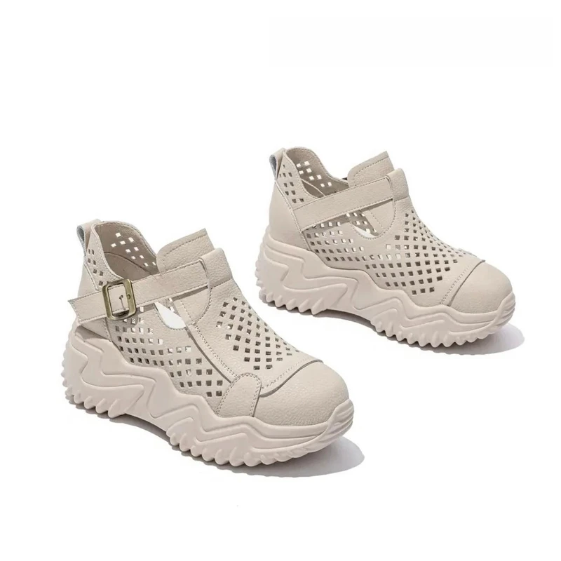 万达撤柜头层牛皮2025秋季新款凉鞋厚底百搭休闲透气时尚小个子鞋