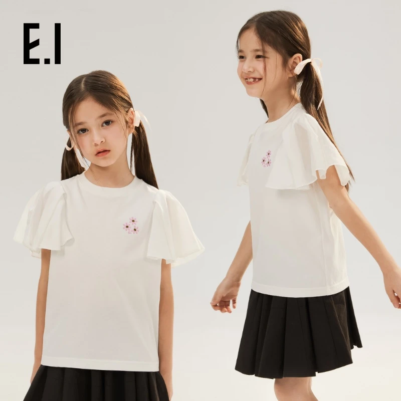 ei童装女童短袖T恤夏装甜美网纱袖学院风洋气打底衫D8242662697