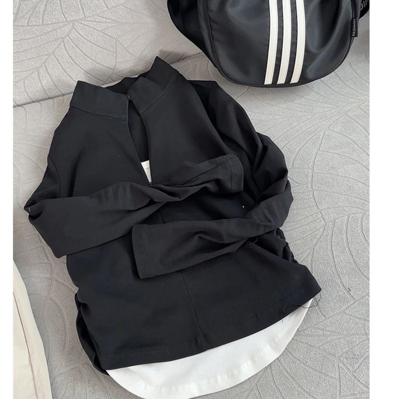 春秋新款女装长袖黑白拼接打底衫辣妹时尚修身显瘦百搭T恤上衣