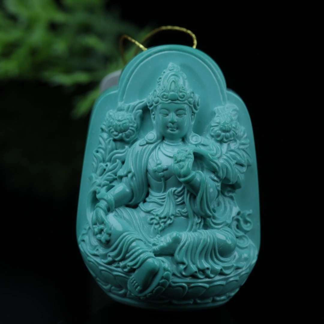 原矿纯天然绿松石精品雕件绿度母