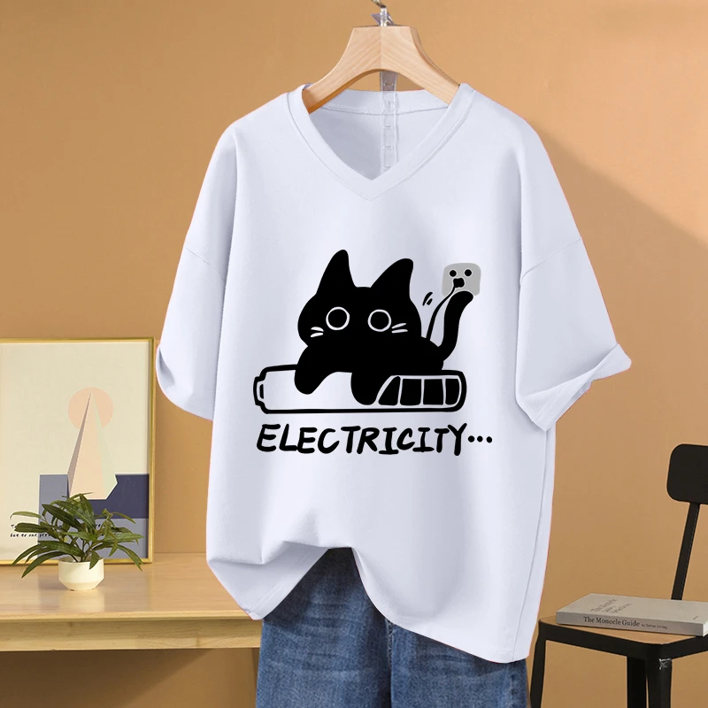 夏季宽松oversize白色V领纯棉短袖t恤女设计感小众大码显瘦上衣服