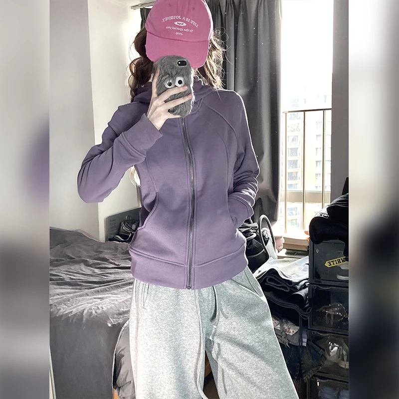 修身卫衣女春秋季连帽开春外套紫色正肩上衣美式收腰显瘦开衫春天