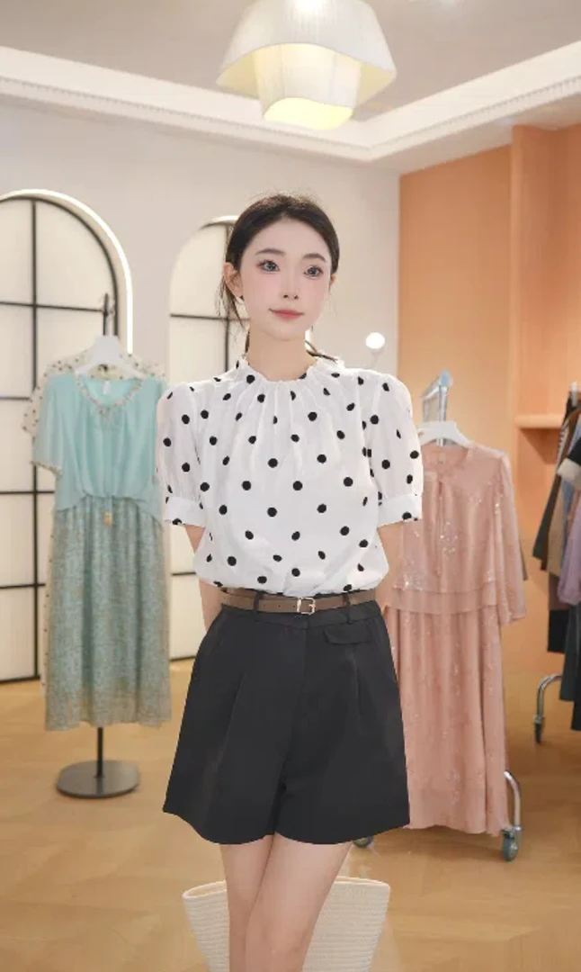 X2857泡泡袖波点衬衫女夏季法式洋气圆点雪纺衬衣白色短袖上衣