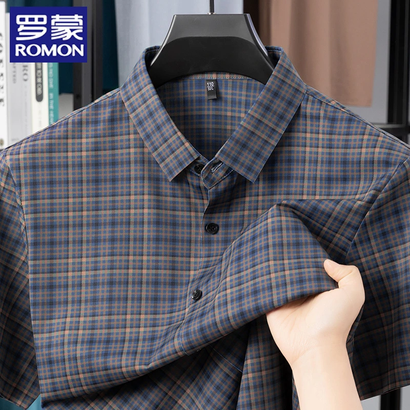 【格子衬衫】罗蒙夏季新款百搭休闲T恤衫男士短袖宽松薄款上衣男