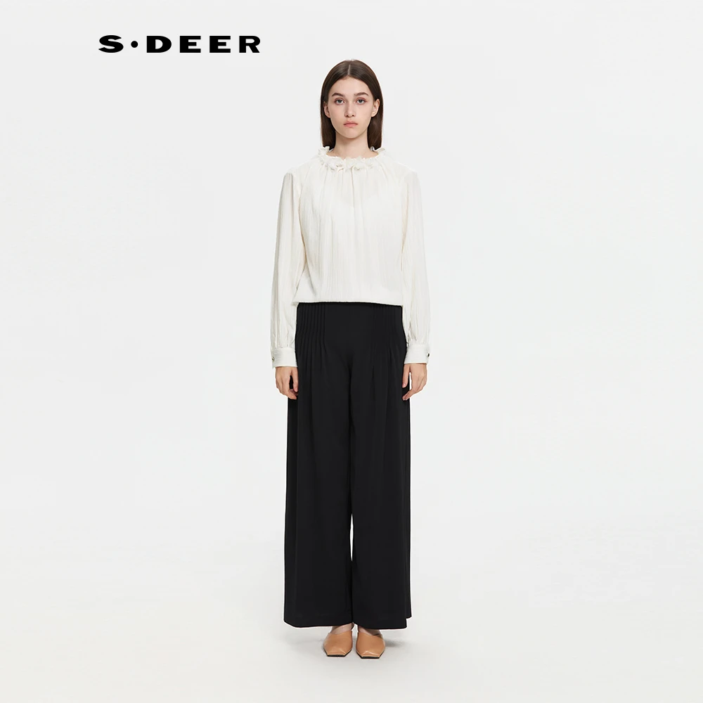 S·DEER圣迪奥女装长袖白色时尚衬衣女士设计师圆领上衣S253Z0527