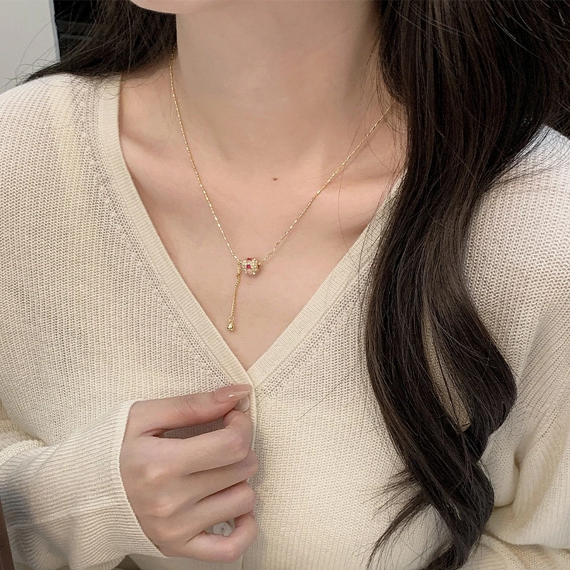 坠链均925银合成锆石 【彩色多巴胺】甜美闪锆项链女款纯银毛衣链