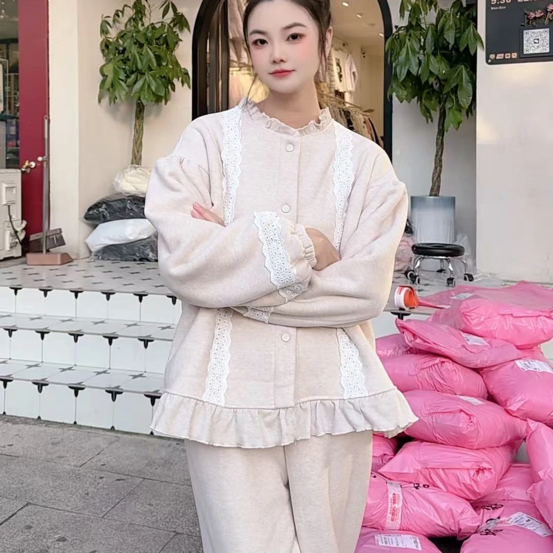 秋冬新款女士加绒保暖宽松减龄木耳边睡衣家居服套装