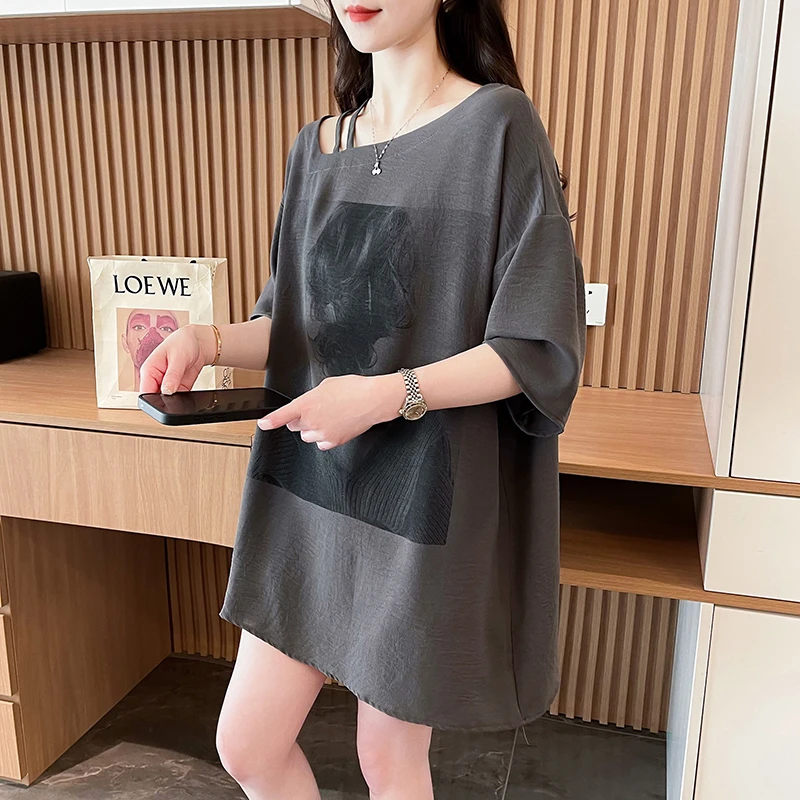 欧货设计感一字露肩短袖T恤大码女装胖mm夏季宽松中长款洋气上衣