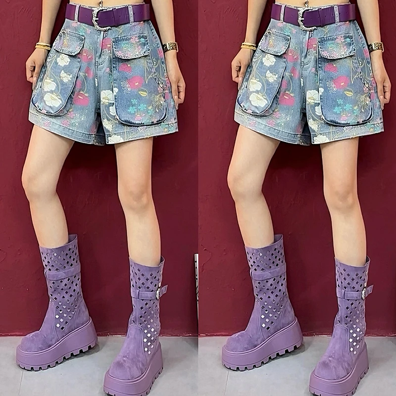 2025夏季复古烫钻牛仔短裤女新款时尚洋气民搭阔腿裤显瘦潮裤-802