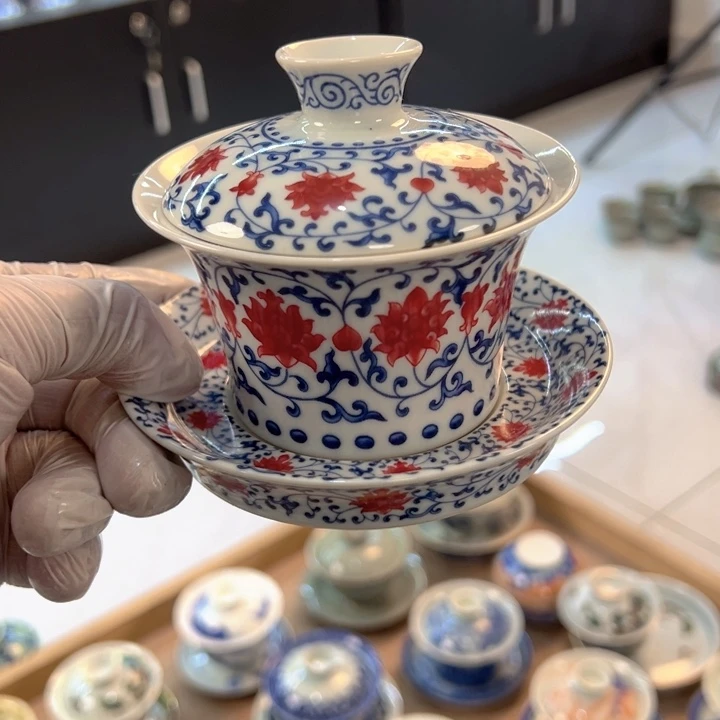瓷片白青花釉里红马蹄盖碗全品