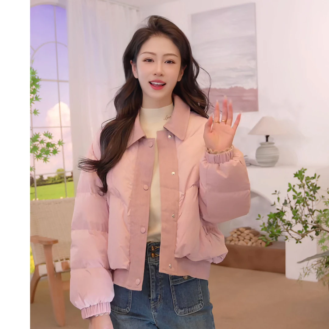 【羽绒服穿搭】茵曼25冬季90鸭绒撞色翻领羽绒服时尚百搭保暖短外套