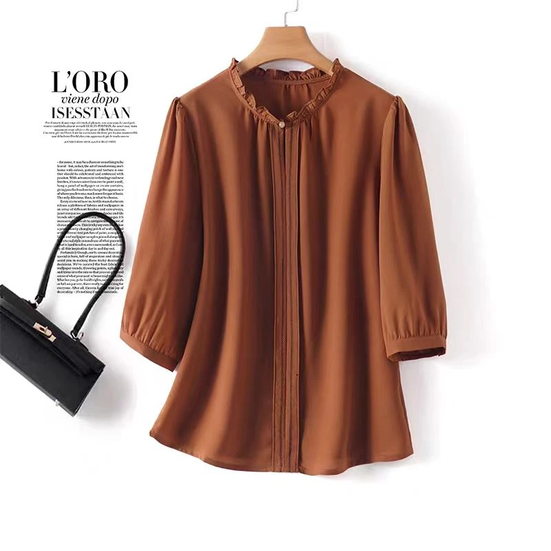 五姐姐精选直筒型妈妈中袖衬衫中老年女装遮肚雪纺衫小衫夏季