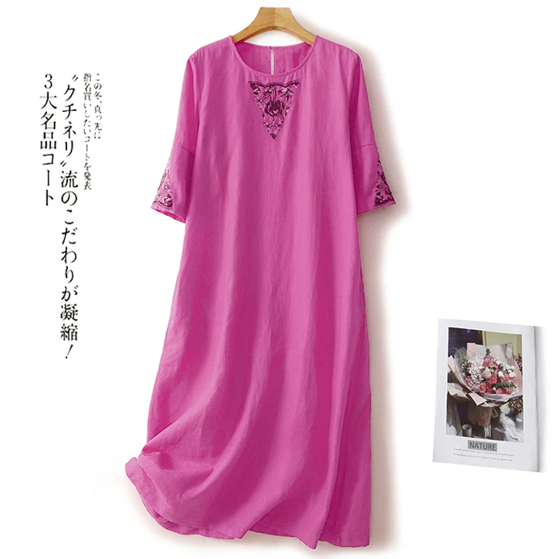 2025春夏新款绣花棉麻连衣裙国风文艺宽松旅游长裙子