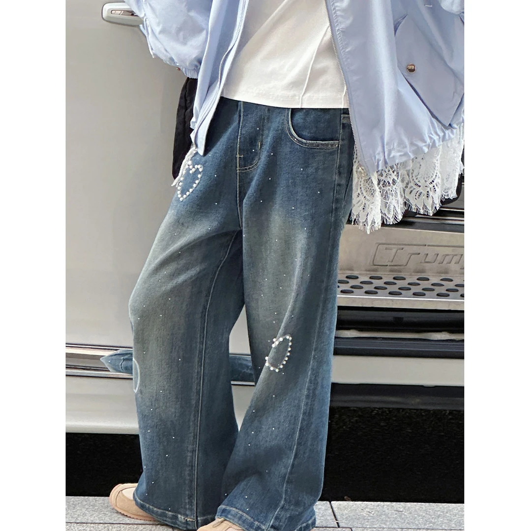 K29469爱心钉珠女童牛仔裤2025新款秋装儿童裤子休闲春秋直筒裤潮