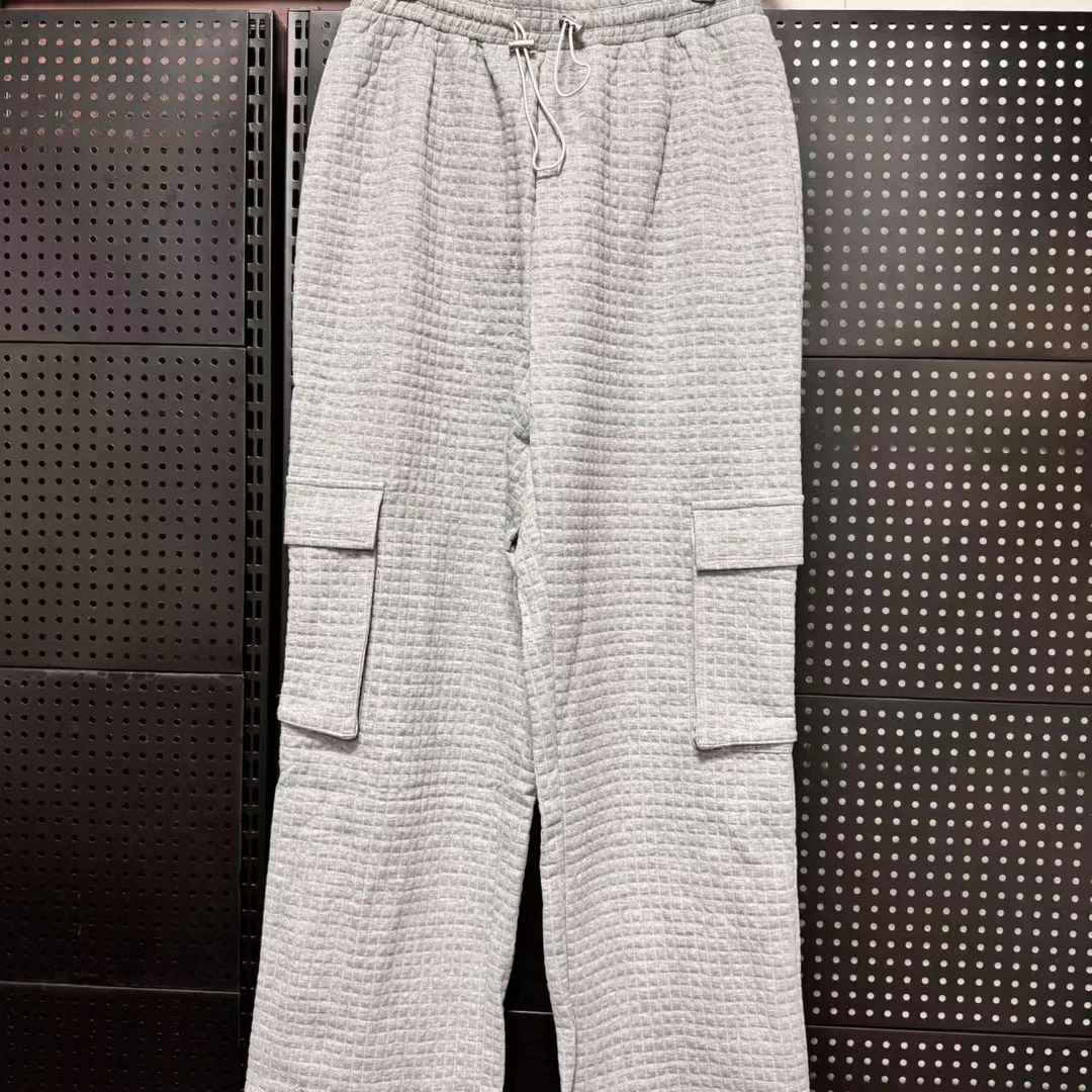 VO001 灰色华夫格吸汗透气长裤松紧腰带宽松抽绳