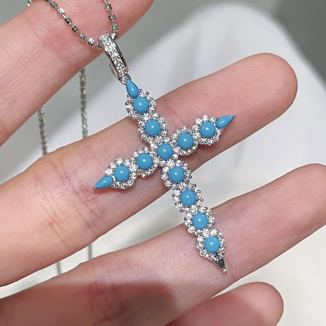 坠链均925银 S925银天然蓝松松十字架项链时尚百搭气质纯银饰品