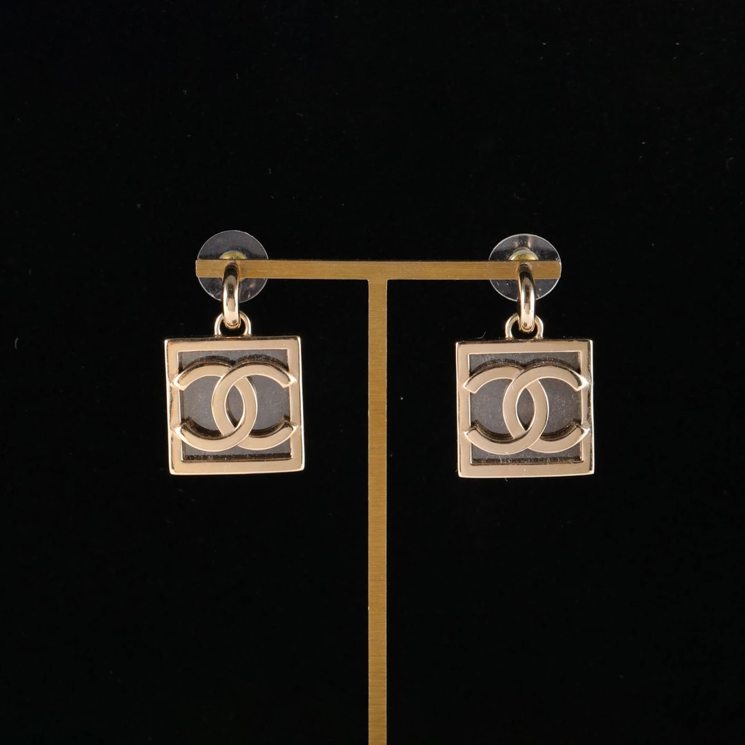 95新 Chanel/香奈儿 【黑黑】 合金 23B 双C 方形吊坠 耳环