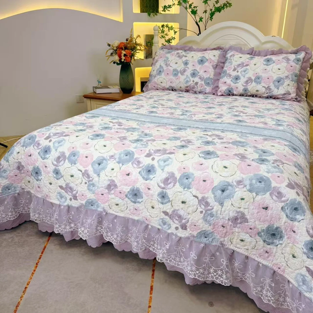 ◇春夏新品【莫奈花园】四季床盖泡芙棉双层纱蕾丝床裙可机洗床品Q