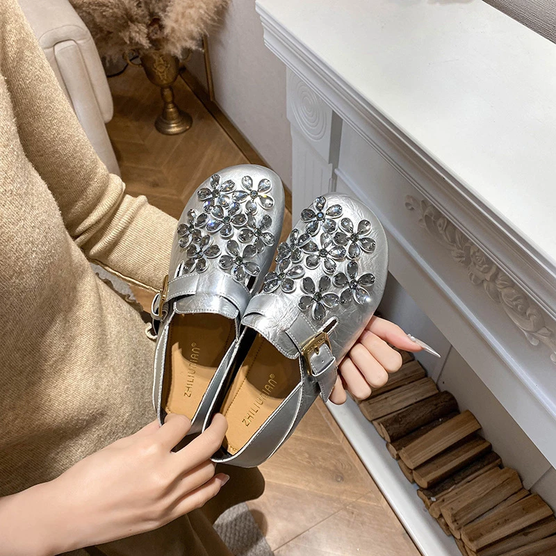 勃肯鞋2025新款丑萌春夏一脚蹬豆豆鞋女平底时尚水钻大码女鞋