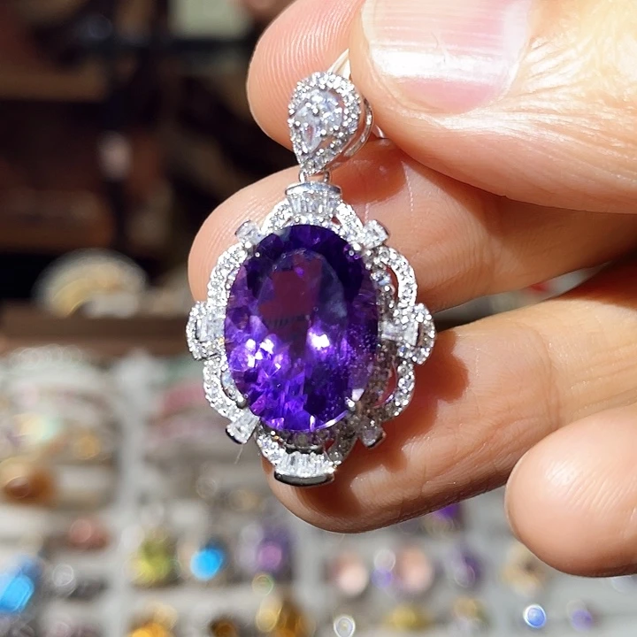 紫晶吊坠(不含链)银S925镶嵌巴西紫