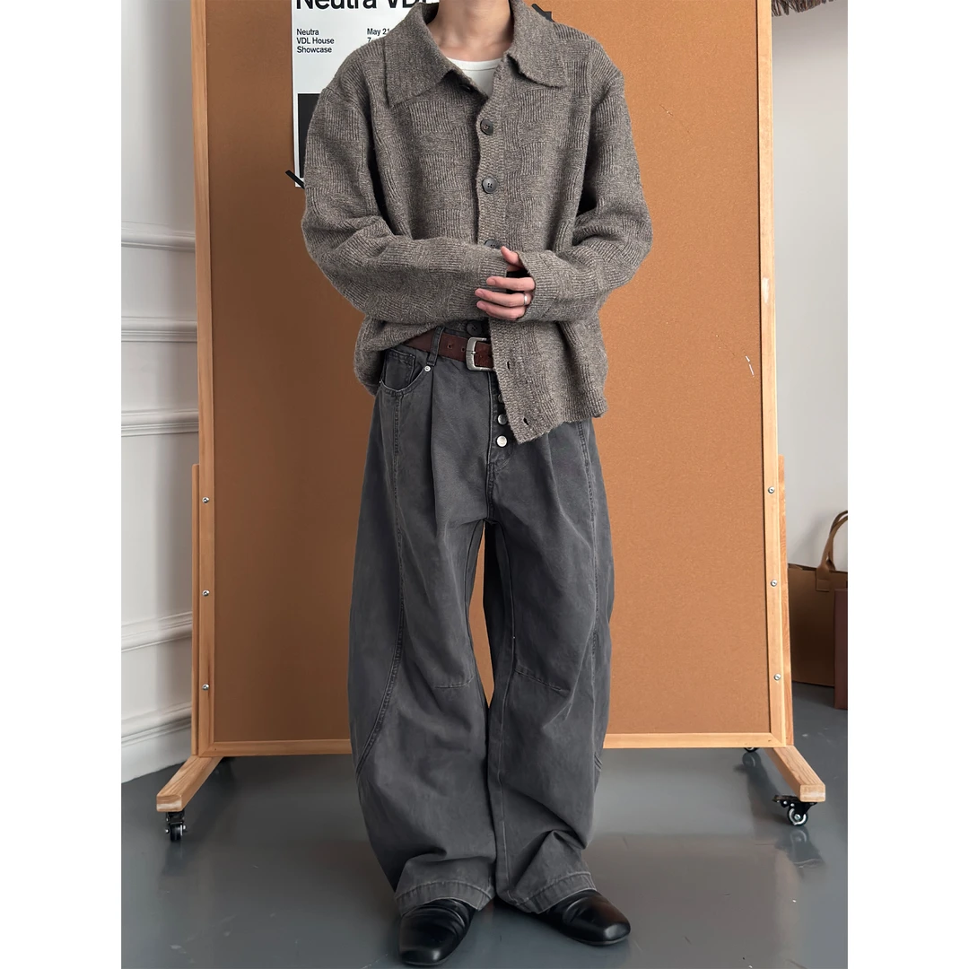 CZ2复古街头水洗做旧弯刀裤男女五排扣宽松阔腿休闲廓形松弛长裤