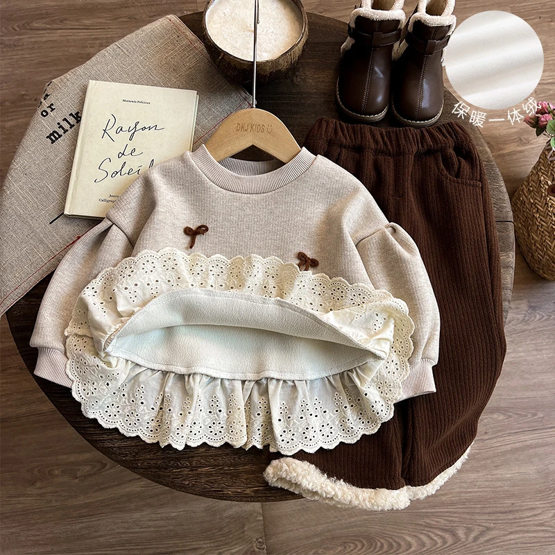 女童加绒卫衣套装秋装儿童冬装衣服女宝宝上衣秋冬款打底衫内搭