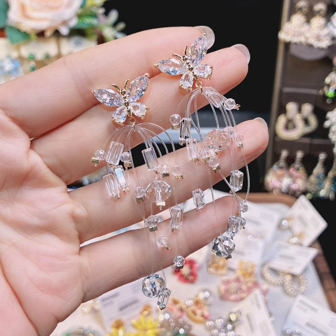 铜合金耳饰 2025新款银针锆石蝴蝶流苏耳环超仙