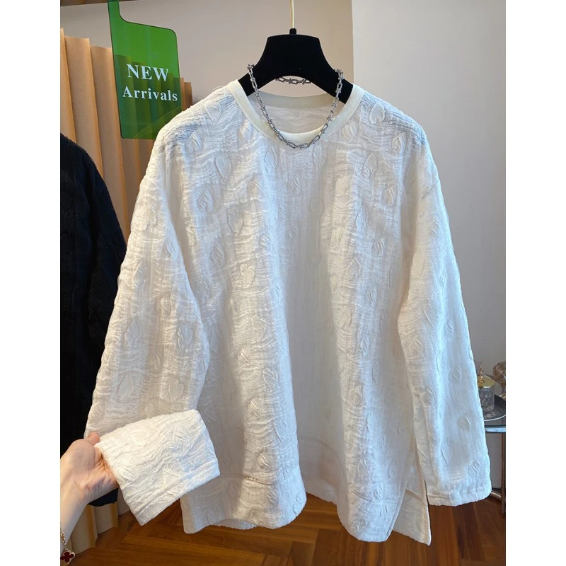 欧货肌理感褶皱洋气小衫女2025新款宽松套头衬衫下摆开叉雪纺上衣