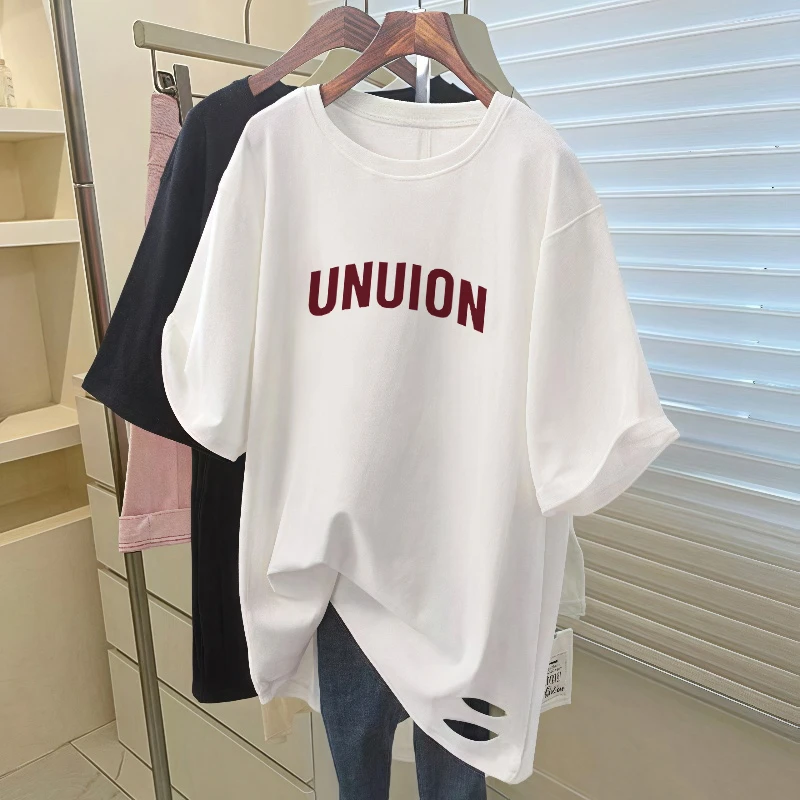 夏季短袖破洞T恤女中长款白色-15DX-破洞-模板勿上