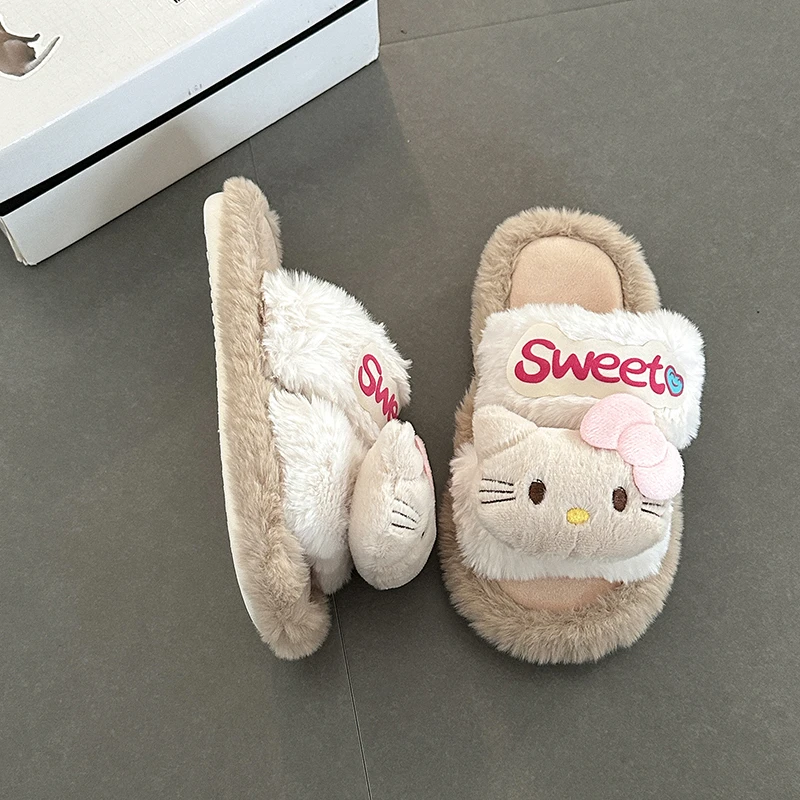 卡通可爱字母凯蒂猫毛毛拖鞋女鞋外穿2025秋冬新款厚底室内家居拖